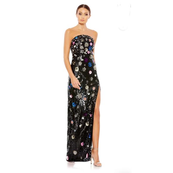 Mac Duggal NWT size 8 black floral strapless sequined gown style 93695